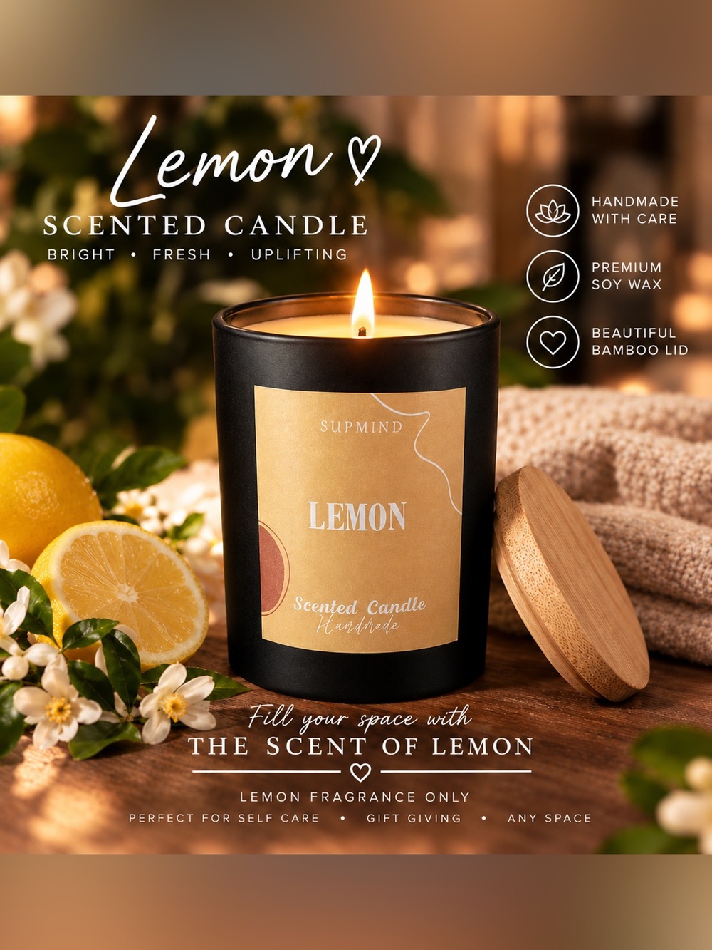 Handmade Lemon Scented Soy Candle — 7 oz | Bamboo Lid